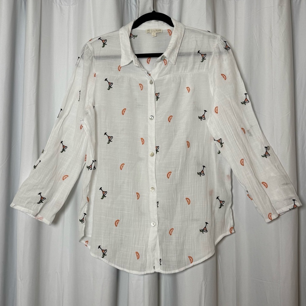 Fig + Flower Novelty Cocktail Embroidered Button Front Shirt Large